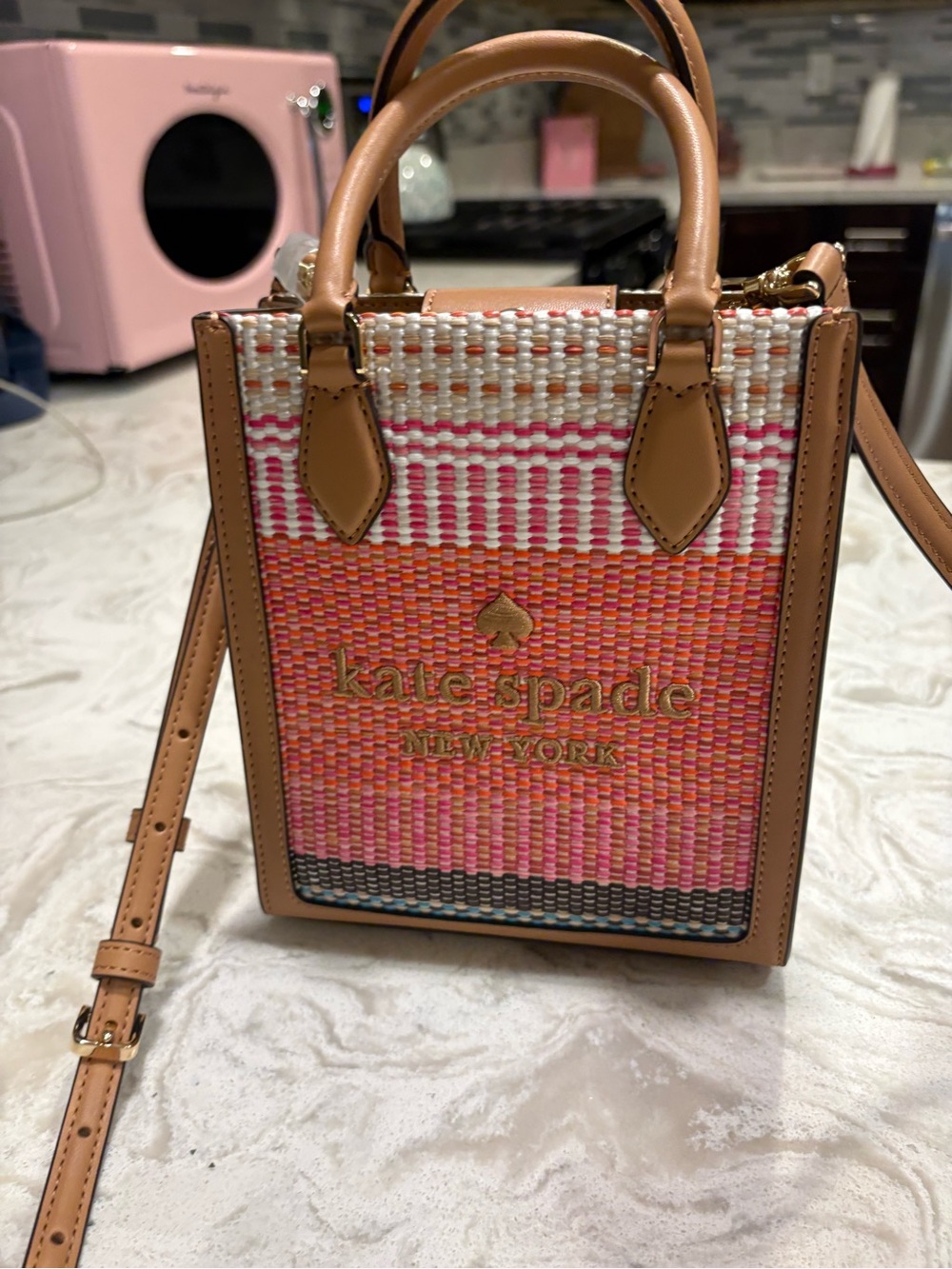 kate spade Pink and Tan Woven Crossbody Mini Tote